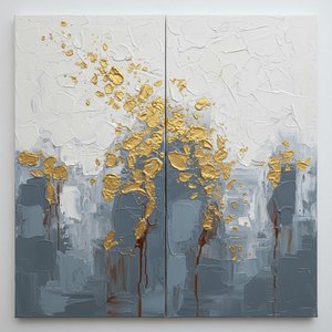 Ethereal Ascent Of Gilded Fragments Amidst Slate And Celestial Light — David Moreau, Plaster & Texture Art