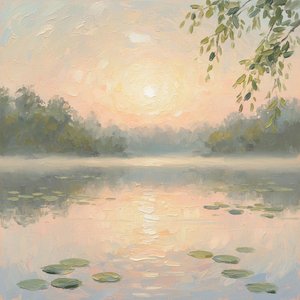 Golden Solitude: An Ethereal Impression Of Sunlit Waters And Floating Silken Lilies — Laurent Roche