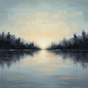 Ethereal Horizon: A Singular Study Of Silhouetted Pines And Luminous Mist — Christian Noiret, Contemporary Abstract Painting