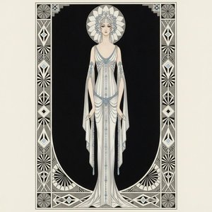 The Blue Embroidered Gown Within A Geometric Petal Halo — Valentin Laurent De Courcey, Art Deco