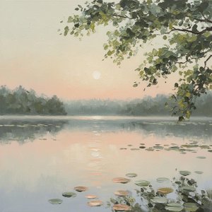 Ethereal Dawn Over Silent Waters: A Singular Study In Sage And Gold — Laurent Roche