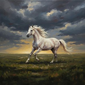 Ephemeral Gallop Under A Turbulent Sky Of Charcoal And Golden Light — Christian Noiret