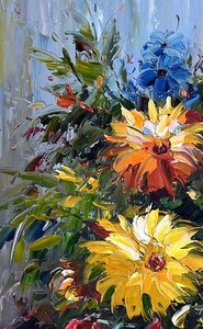 Impressionist Floral Bouquet In Cobalt Blue Vase