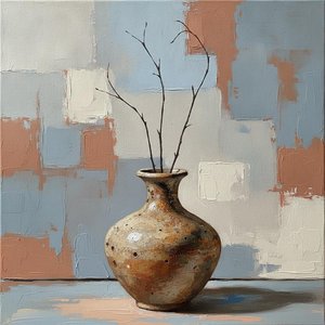 Terracotta Vessel Amidst Spindly Umber Branches And Muted Earth Tones — Christian Noiret, Contemporary Abstract
