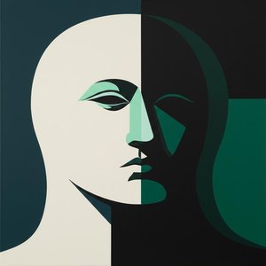 Geometric Contemplation: A Study In Teal Planes And Muted Profile Symmetry — Laurent Fabre, Neo-abstract Art (modern Abstract Compositions)