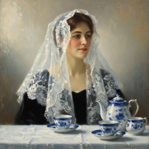 The Alabaster Reverie: A Study In Cobalt And Lace — Marc Duvallier, Impressionism