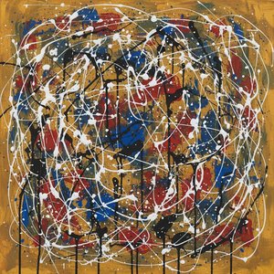 Celestial Kineticism: A Spontaneous Symphony of Ochre, Crimson, and Midnight Splatters