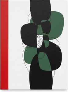 Monolithic Crimson Edge Amidst Overlapping Shadows Of Verdant Organic Forms — Laurent Fabre, Neo-abstract Art