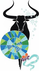 Black Bull Silhouette Amidst A Fragmented Geometric Mandala — Valentin Laurent De Courcey