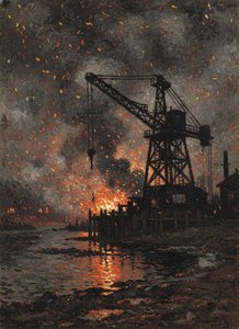 Embers Of Industry: Twilight At The Wharf — Hortense Caron, Neo-impressionism