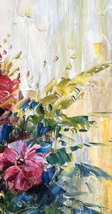 Impressionist Floral Bouquet In Cobalt Blue Vase
