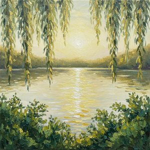 Gilded Serenity: A Singular Vision Of Sunlit Willows And Golden Waters — Laurent Fontaine
