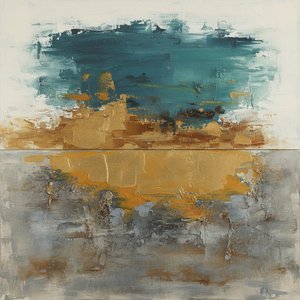 Luminous Ochre Horizon Amidst Textured Teal And Deep Umber Abstraction — Laurent Fabre, Neo-abstract Art (modern Abstract Compositions)