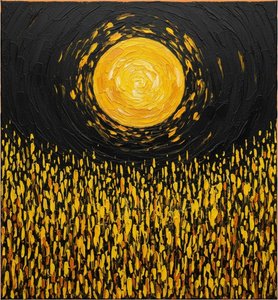 Celestial Radiance Over An Obsidian Field Of Golden Rhythmic Impasto Strokes — Laurent Fabre, Neo-abstract Art