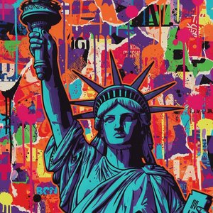Fragmented Liberty: A Monumental Study In Urban Chaos And Hyper-saturated Neon Layers — Caroline Pelletier, Aggressive Confrontational Pop