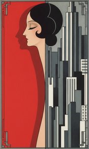 Crimson Profile Amidst Geometric Monoliths — Valentin Laurent De Courcey