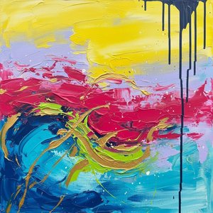 Ethereal Horizon Of Gilded Magenta And Swirling Cerulean In A Singular Masterpiece — Christian Noiret, Contemporary Abstract