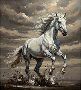 Ethereal Gallop Amidst Stormy Skies And Scattered Gilded Fragments Of Light — Christian Noiret, Contemporary Abstract Painting