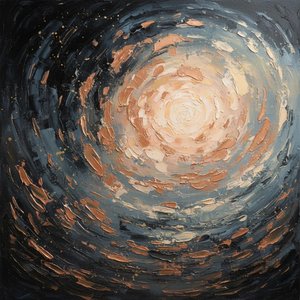 Luminous Vortex Of Copper And Slate In A Spiraling Impasto Dance — David Moreau, Contemporary Abstract