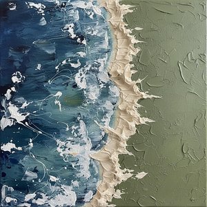 Fragmented Tides Of Midnight Blue And Sage Amidst Sculptural White Crests — David Moreau, Contemporary Abstract