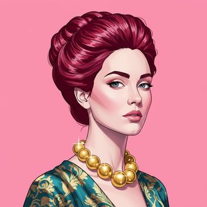 Elegance In Magenta: A Monumental Portrait Of Serenity And Golden Radiance — Laurent Charpentier, Pop Art