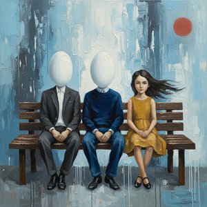 The Silent Watchers Under A Crimson Moon In Melancholic Blue Shadows — Christian Noiret, Contemporary Abstract