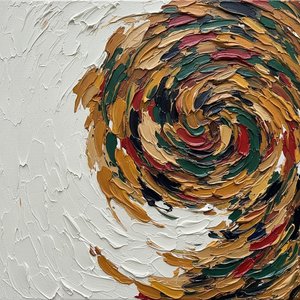 Ethereal Swirl Of Ochre And Crimson In A Monumental Impasto Motion — David Moreau, Plaster & Texture Art