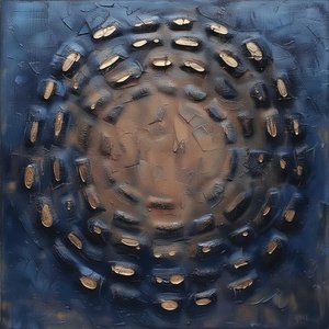 Celestial Vortex In Midnight Indigo With Gilded Impasto Fragments Of Eternal Motion — David Moreau, Contemporary Abstract