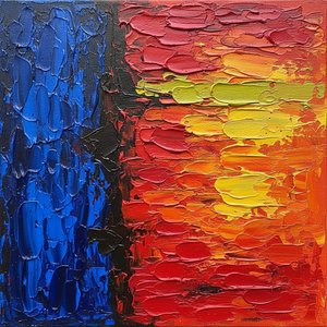 Fractured Equilibrium: A Monumental Collision Of Cobalt Shadows And Radiant Crimson Embers — Christian Noiret