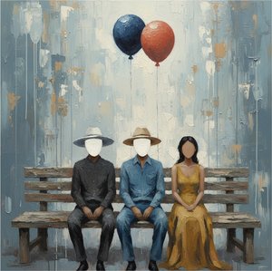Silent Echoes Of The Masked Trio Amidst Muted Ochre And Slate Shadows — Christian Noiret