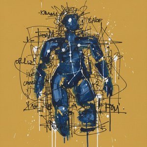 Fragmented Indigo Silhouette Amidst Kinetic Black Gestures And Ochre Shadows — Laurent Fabre, Neo-abstract Art