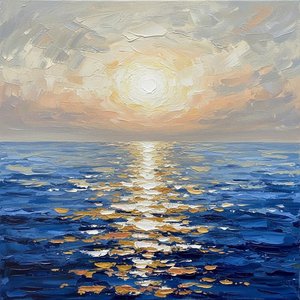Celestial Radiance Over Deep Indigo Tides: A Meditative Impasto Masterpiece — Christian Noiret, Contemporary Abstract