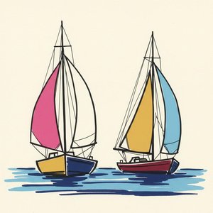 Serene Geometric Sails Floating Upon A Minimalist Sea Of Vibrant Ink Strokes — Yann Lambert