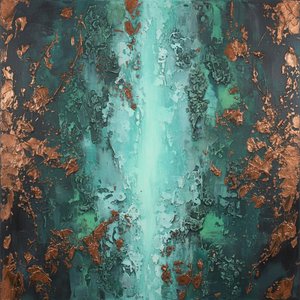 Luminous Core Of Oxidized Copper Amidst Deep Emerald Mineral Fragments — Christian Noiret, Contemporary Abstract