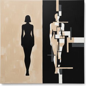 Dichotomy Of Being: Silhouette Against Structured Planes In Ochre And Shadow — Christian Noiret, Contemporary Abstract Painting