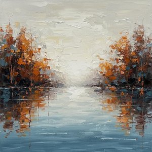 Ethereal Horizon: A Singular Symphony Of Autumnal Light And Misted Waters — Christian Noiret, Contemporary Abstract