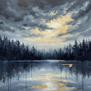 Golden Radiance Amidst The Weight Of Charcoal Skies And Silent Forest Reflections — Christian Noiret