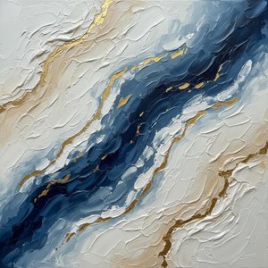 Gilded Tides Of Indigo: A Monumental Study In Sculptural Impasto And Fluid Motion — David Moreau, Contemporary Abstract