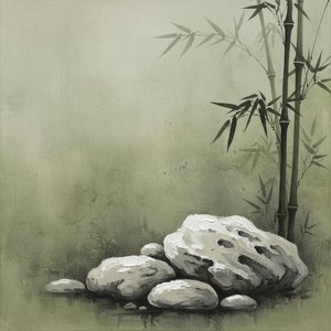 Silent Shadows Of Sage: A Meditative Study In Mist And Stone — Laurent Garnier, Sumi-e Modern Style