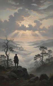 The Eternal Vigil: Radiance Amidst The Infinite Mist — Jacques Villedieu, Romanticism (sublime Landscape)