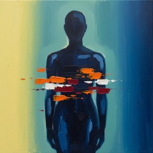 Fragmented Silhouette In Deep Prussian Blue With Radiant Crimson Impasto Strokes — Laurent Fabre, Neo-abstract