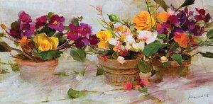 African Violets And Yellow Roses — Richard Schmid