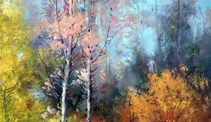 Autumn Woodland Stream With White Birds