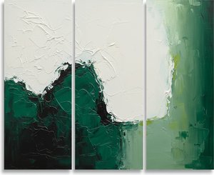 Ethereal Triptych Of Verdant Shadows And Sculptural Light In Deep Impasto — David Moreau