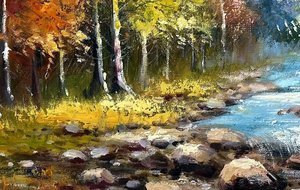 Autumn Woodland Stream With White Birds