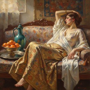 Luminous Reverie In Amber And Teal: A Solitary Grace — Marc Duvallier, Impressionist Painting