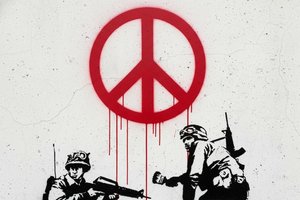 Crimson Echoes of Conflict: A Monumental Stencil of Silent Confrontation and Peace