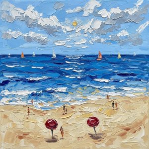 Azure Rhythms Of The Shoreline: A Sculptural Study In Impasto And Light — David Moreau, Contemporary Impressionism