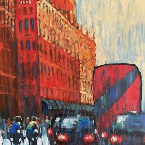 Monolithic Echoes In Crimson And Cobalt: A Singular Urban Nocturne — Caroline Pelletier