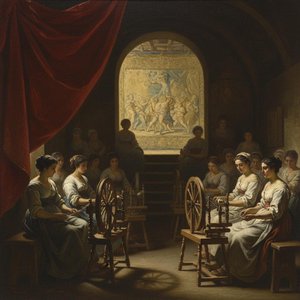 The Weaver’s Solitude: A Chiaroscuro Study In Crimson — Marc Duvallier, Baroque